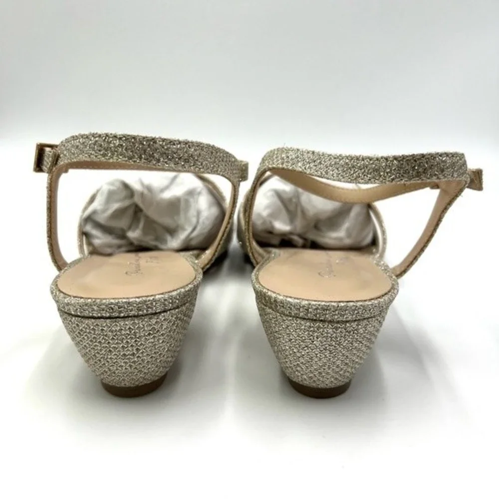 Paradox London Womens Size 7‎ Jackie Low Wedge Champagne Shimmer Dress Sandals